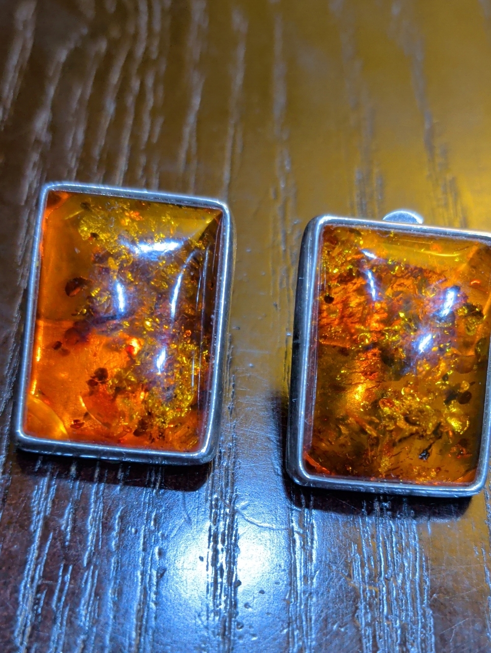 Vintage 925 Sterling Silver Baltic Amber Clip-On Earrings Rectangular Shape